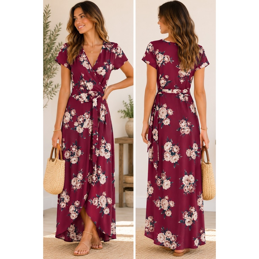 Live 4 Truth  Floral Wrap High-Low Maxi Dress Burgundy Size M Flowy Romantic